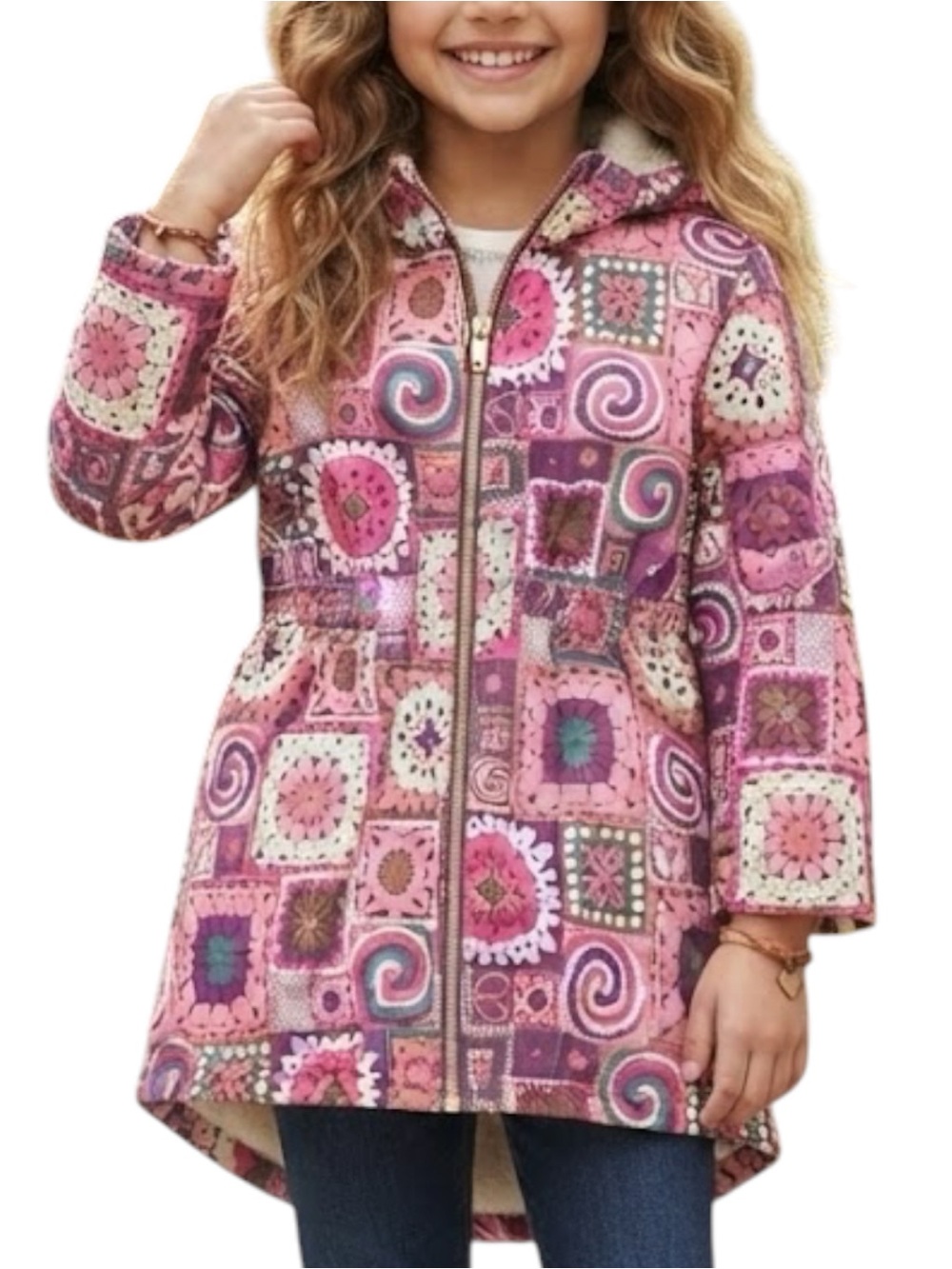 PENELOPE MACK Granny Square Print Patchwork Fleece Lined Hooded Jacket Pink 5Y